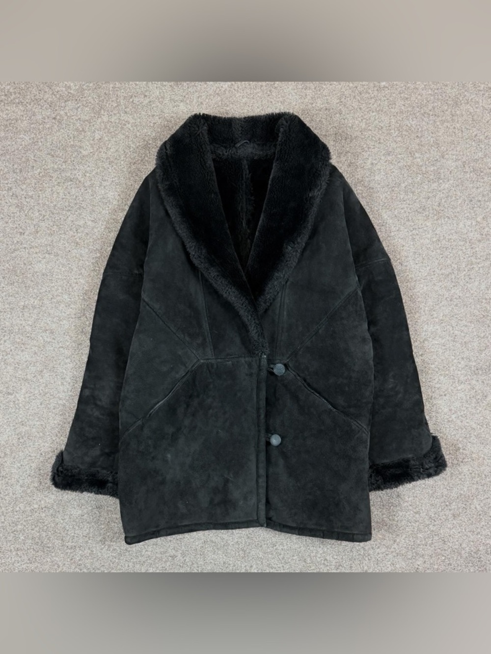 VTG‎ Zenia Black Suede Leather Coat Women’s XL Faux Shearling Lined Shawl Collar